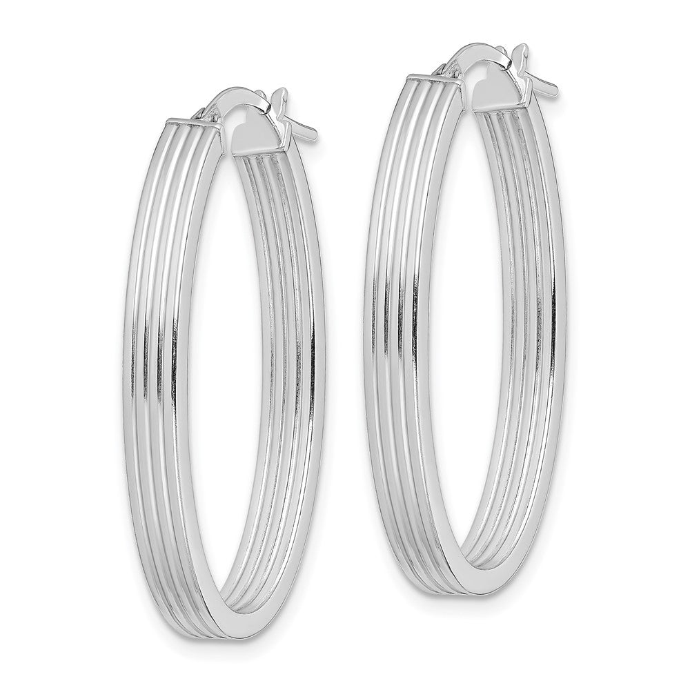 Sterling Silver Rhod-Plated Polished & Striped 4mm Oval Hoop Earrings