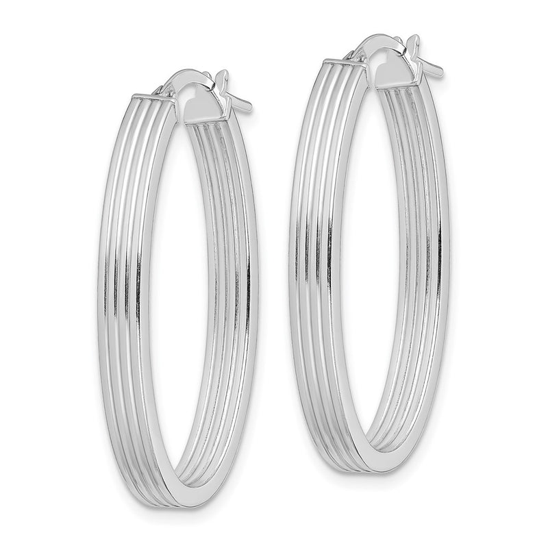 Sterling Silver Rhod-Plated Polished & Striped 4mm Oval Hoop Earrings
