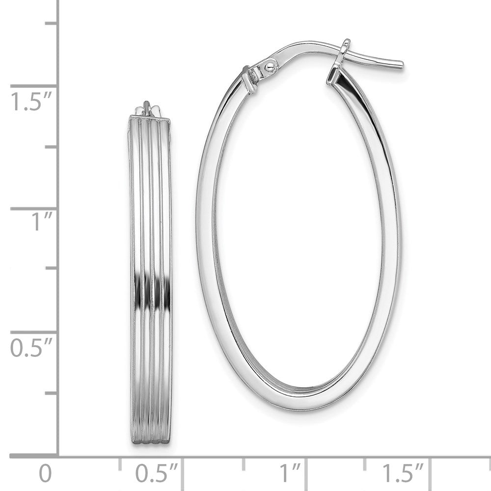 Sterling Silver Rhod-Plated Polished & Striped 4mm Oval Hoop Earrings