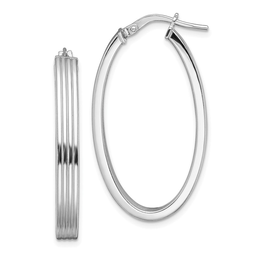 Sterling Silver Rhod-Plated Polished & Striped 4mm Oval Hoop Earrings