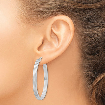 Sterling Silver Rhod-Plated Polished & Striped 4mm Oval Hoop Earrings