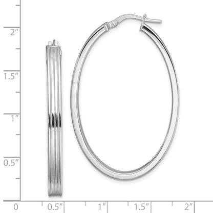 Sterling Silver Rhod-Plated Polished & Striped 4mm Oval Hoop Earrings