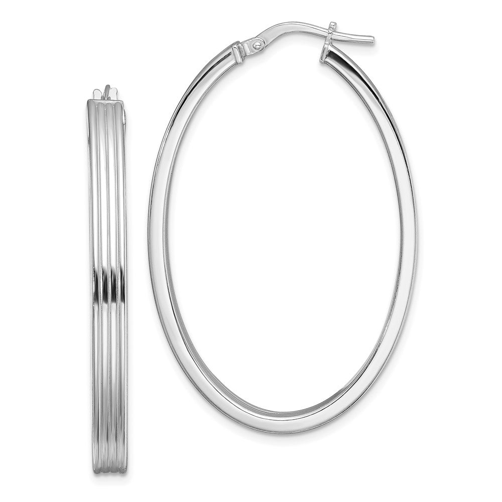 Sterling Silver Rhod-Plated Polished & Striped 4mm Oval Hoop Earrings