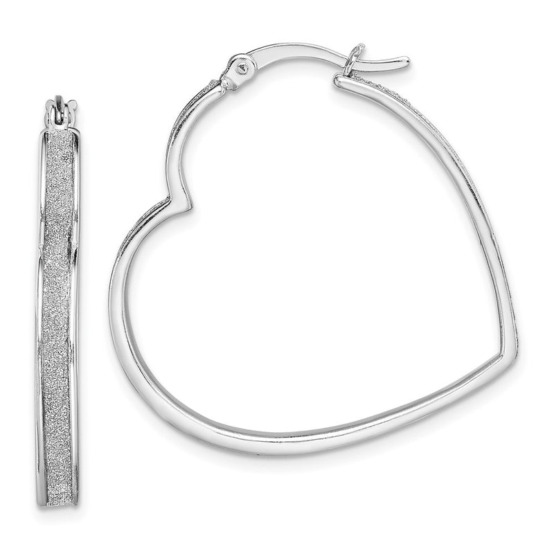 Sterling Silver Rh-Plated Enamel Glitter Fabric Heart Shaped Hoop Earrings