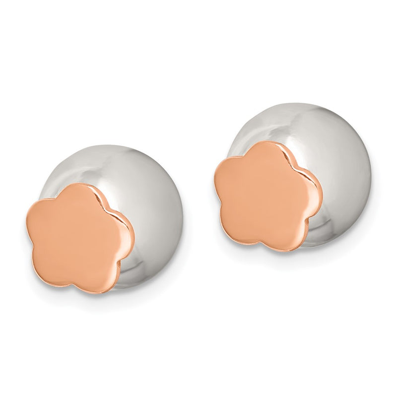 Sterling Silver Polished Rose-Tone Flower Front Back Post Earrings
