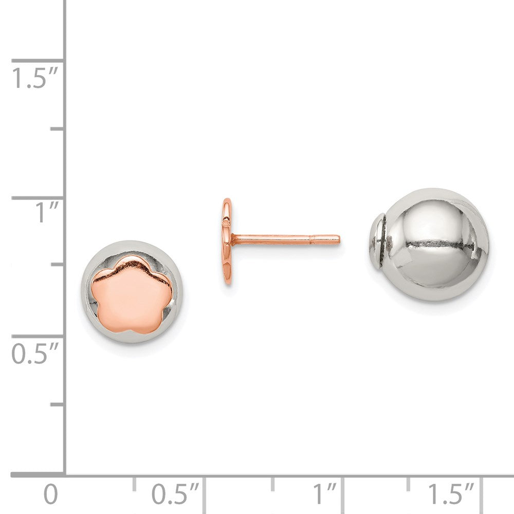 Sterling Silver Polished Rose-Tone Flower Front Back Post Earrings