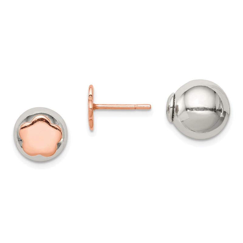 Sterling Silver Polished Rose-Tone Flower Front Back Post Earrings