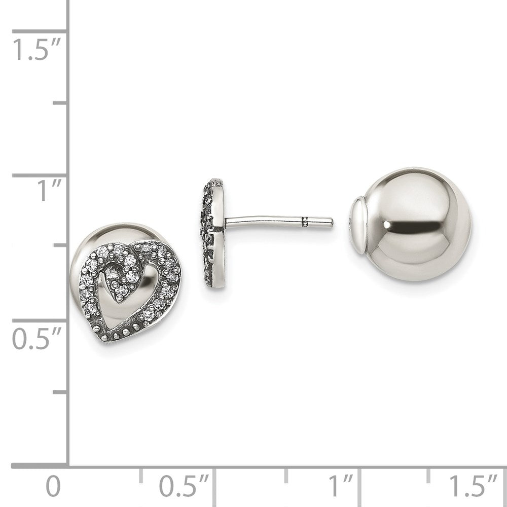 Sterling Silver Polished W/Cz Heart Front Back Post Earrings