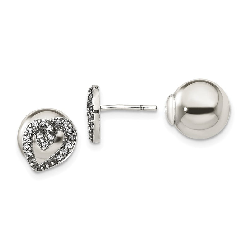 Sterling Silver Polished W/Cz Heart Front Back Post Earrings