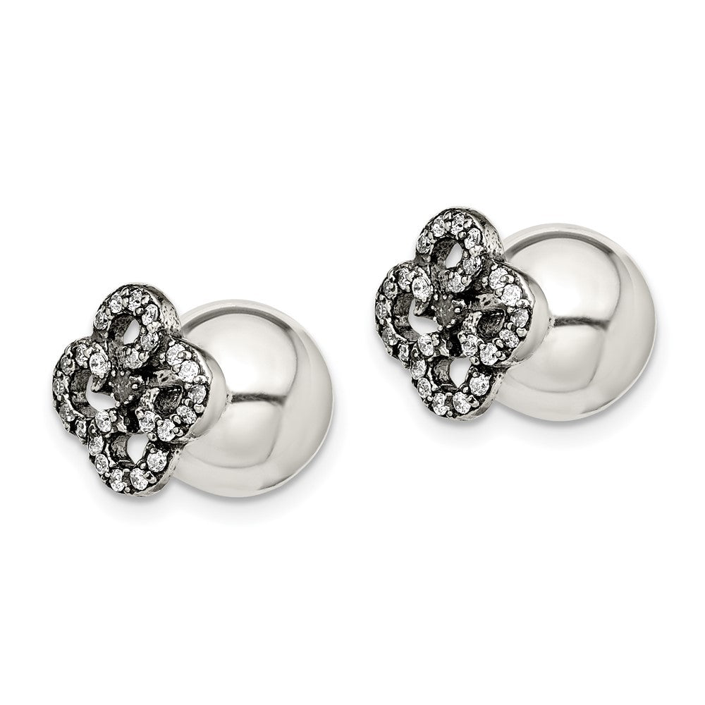 Sterling Silver Antiqued Cz Flower Front & Back Post Earrings