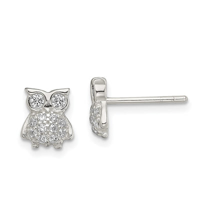 Sterling Silver Cz Owl Post Earrings