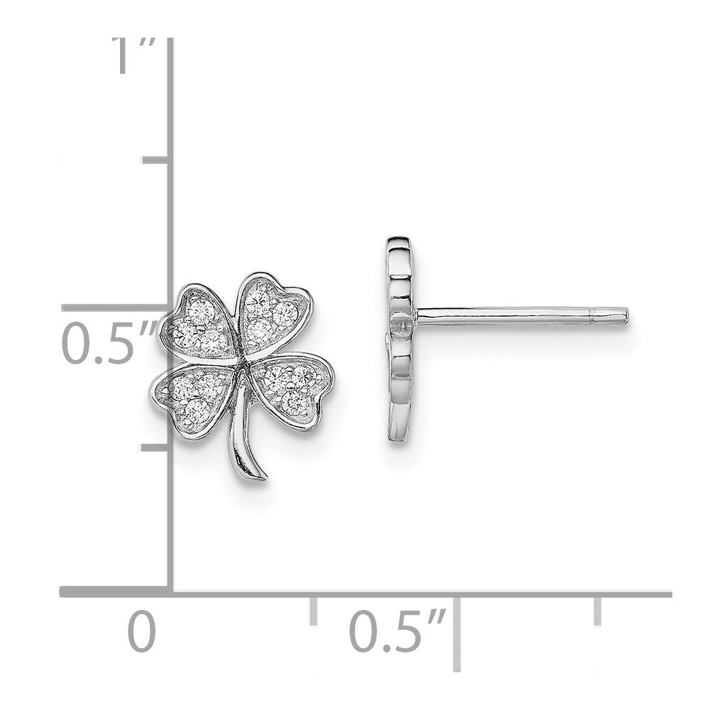 Sterling Silver Rhodium-Plated Polished Cz 4 Leaf Clover Post Earrings