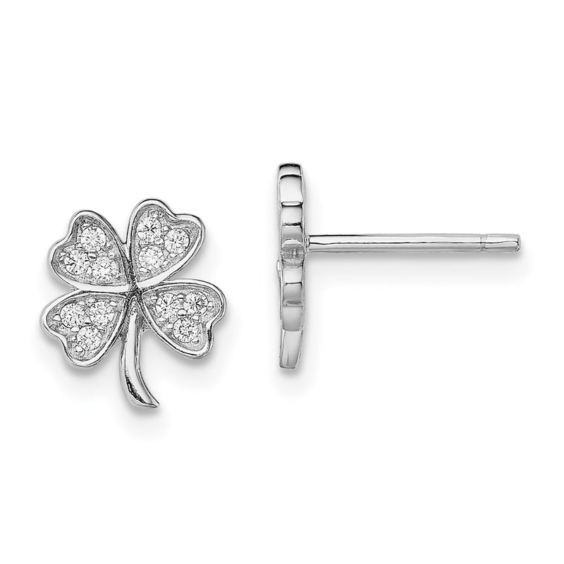 Sterling Silver Rhodium-Plated Polished Cz 4 Leaf Clover Post Earrings