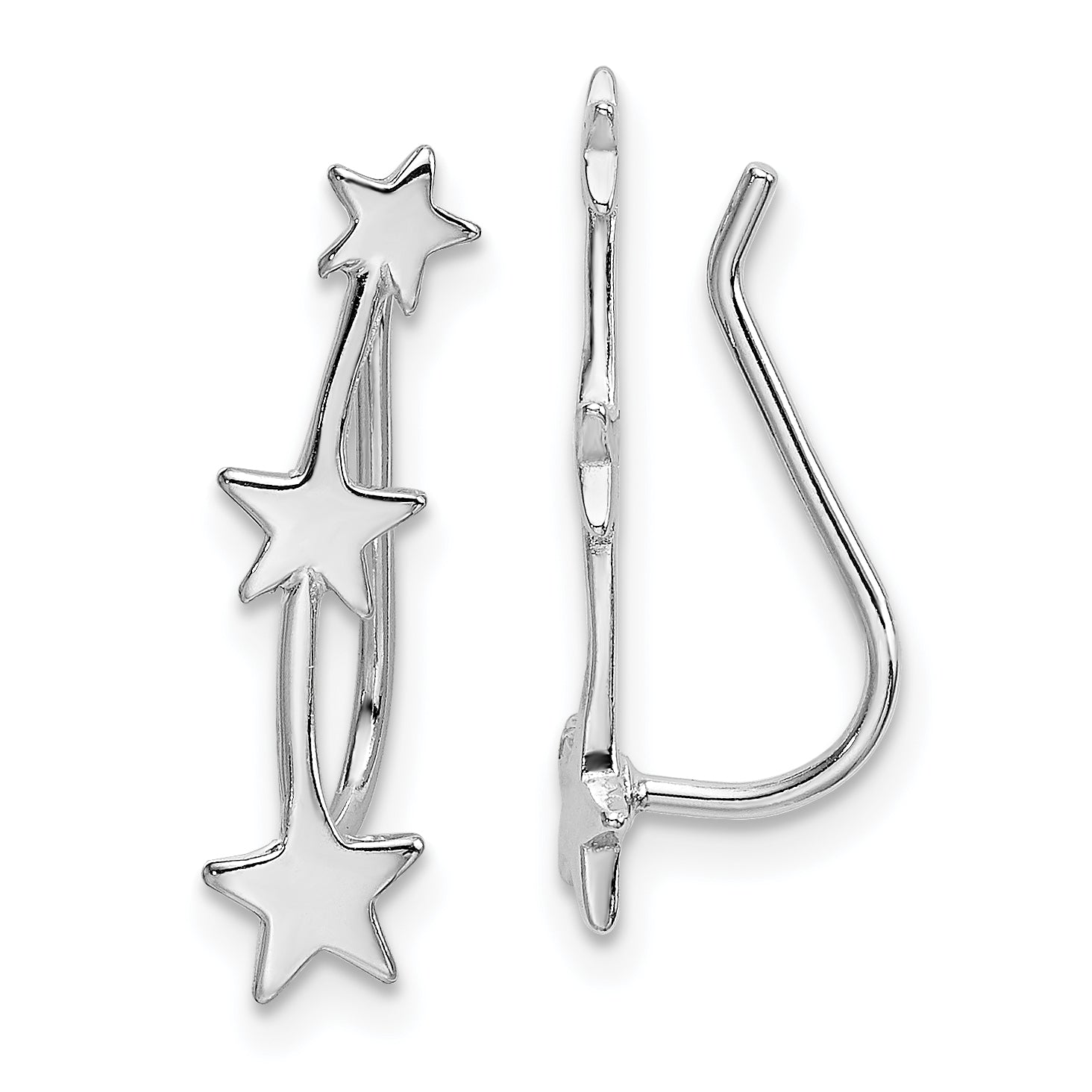 Sterling Silver Rhodium-Plated Polished Three Star Ear Climber Earrings