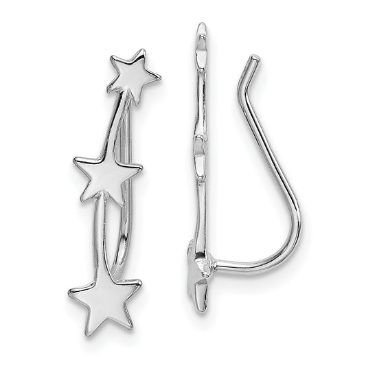 Sterling Silver Rhodium-Plated Polished Three Star Ear Climber Earrings
