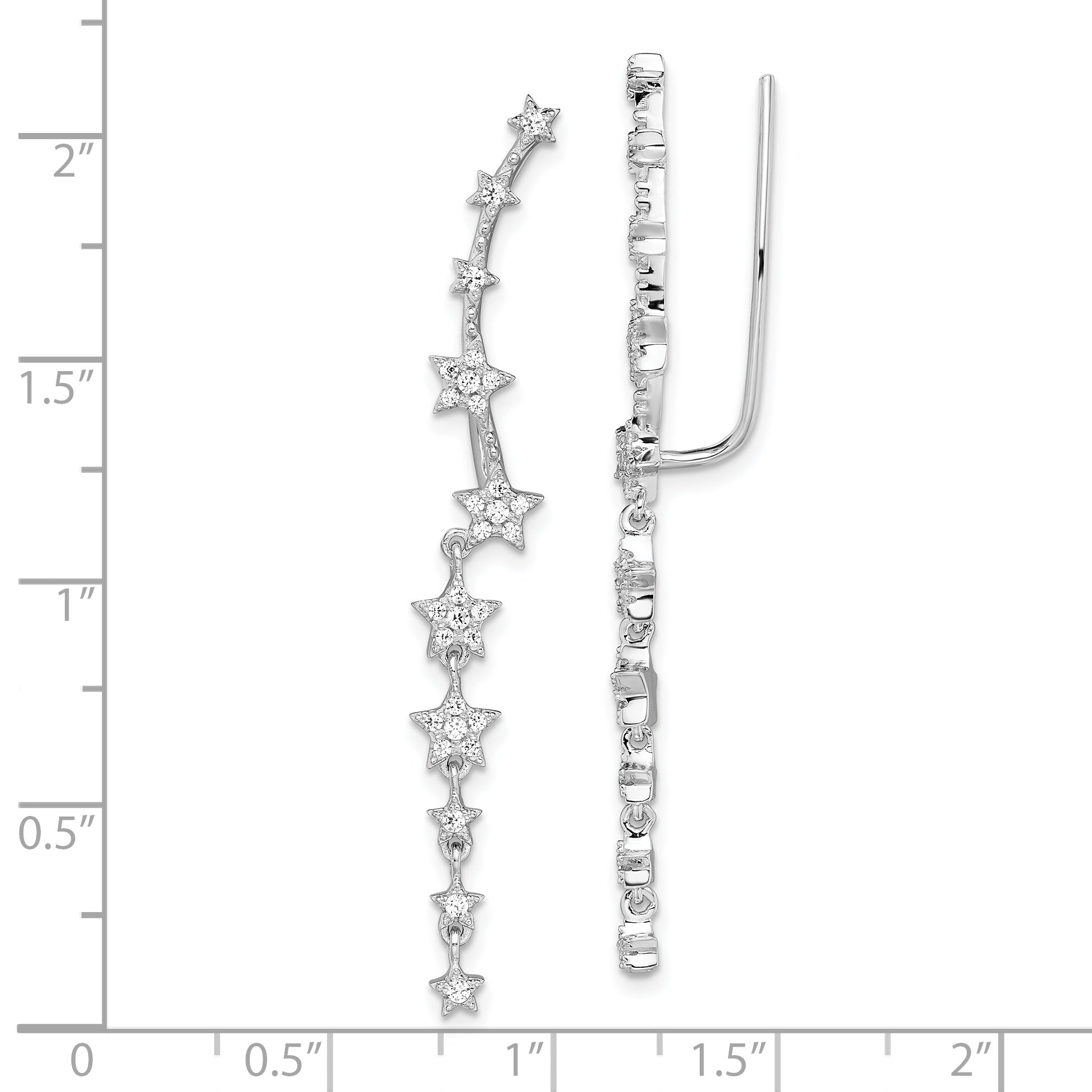 Sterling Silver Rhodium-Plated Cz Stars Ear Climber Earrings