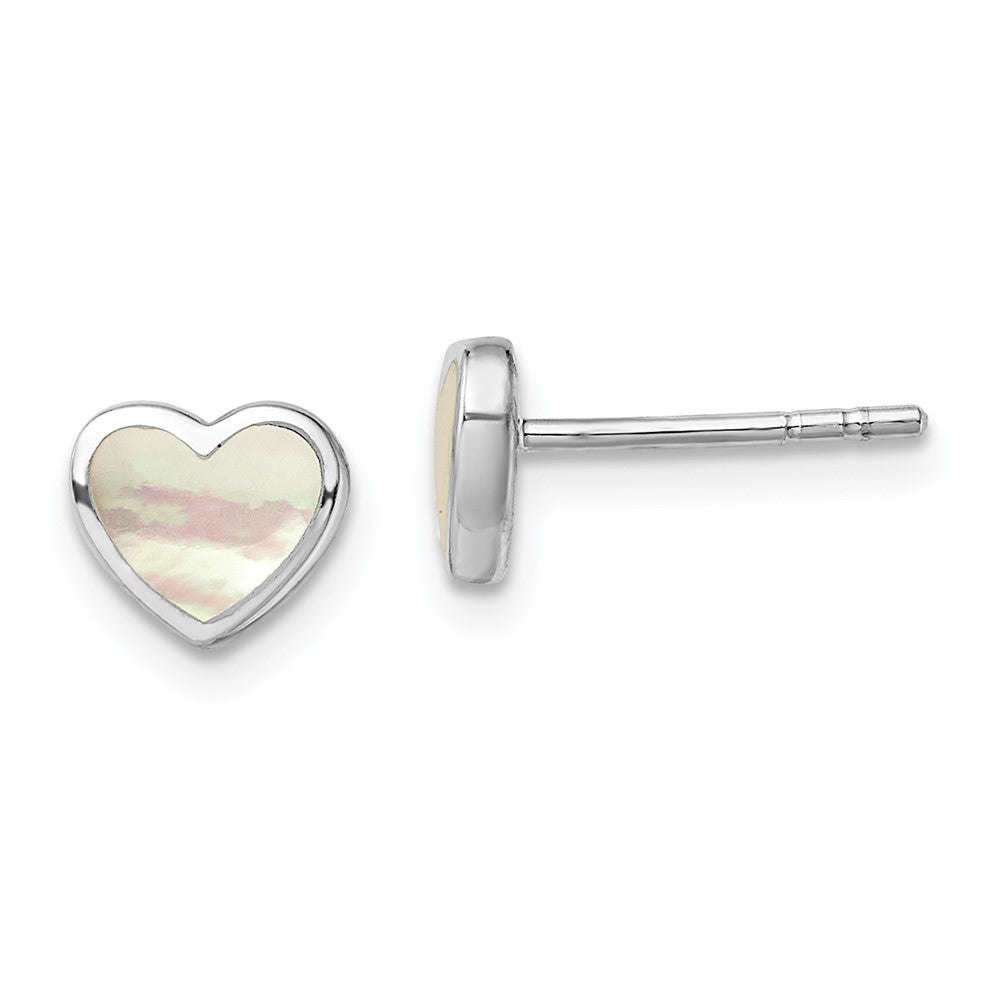 Sterling Silver Rhodium-Plated Mother Of Pearl Heart Post Earrings