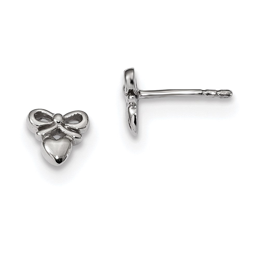 Sterling Silver Rhodium-Plated Polished Heart W/Bow Post Earrings