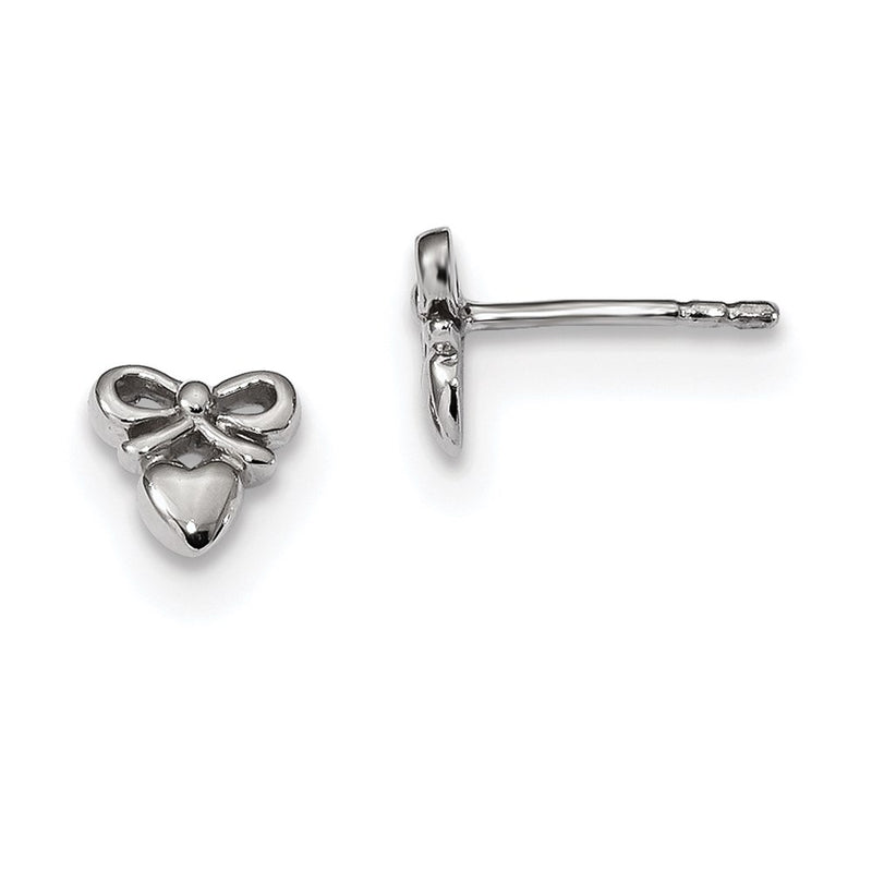 Sterling Silver Rhodium-Plated Polished Heart W/Bow Post Earrings