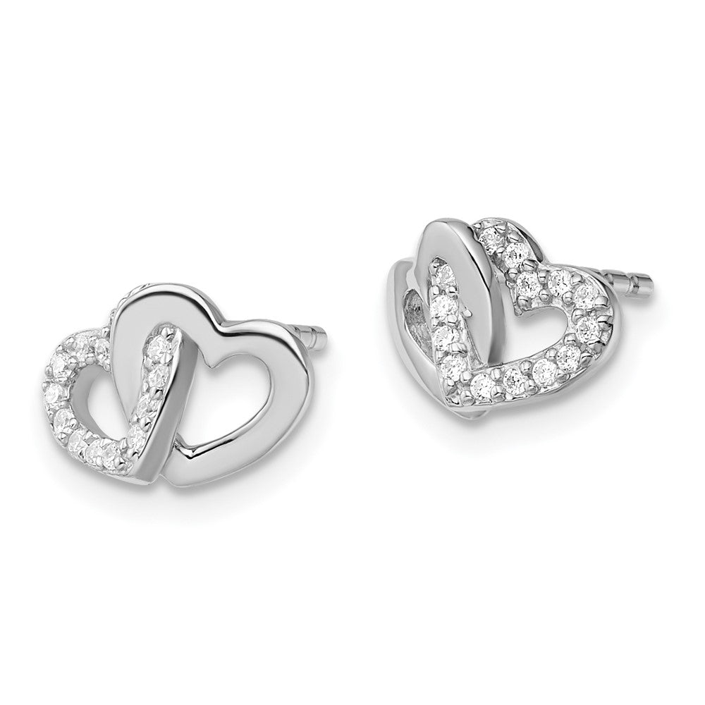 Sterling Silver Rh-Plated Polished W/Cz Double Heart Post Earrings