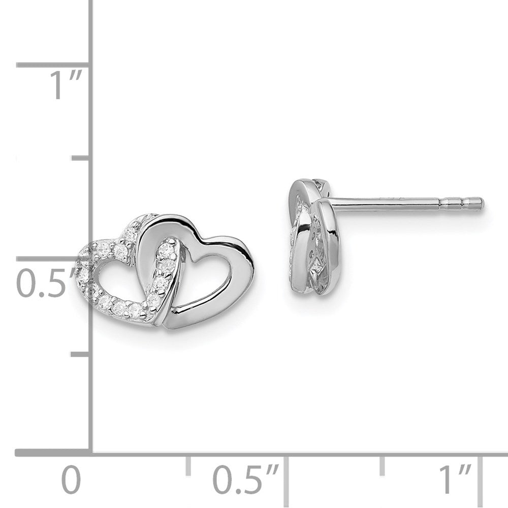 Sterling Silver Rh-Plated Polished W/Cz Double Heart Post Earrings