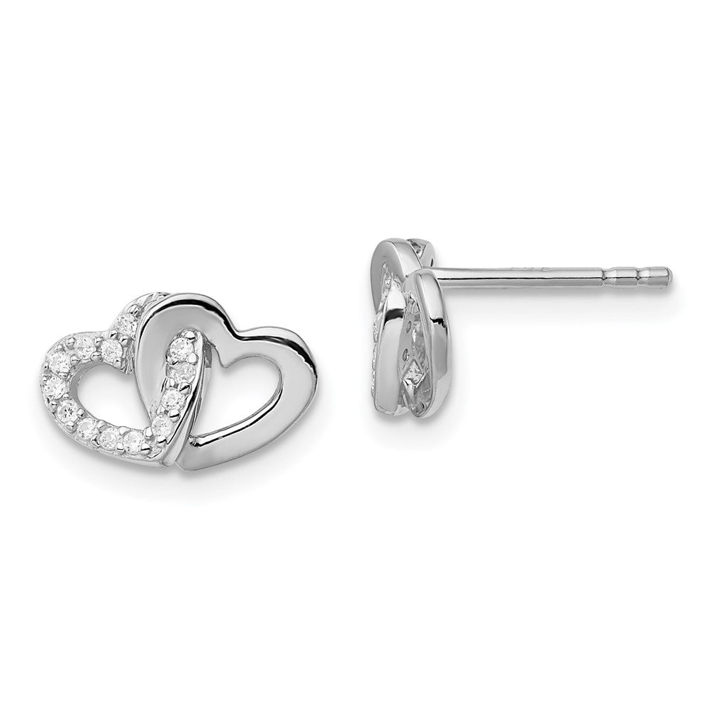 Sterling Silver Rh-Plated Polished W/Cz Double Heart Post Earrings
