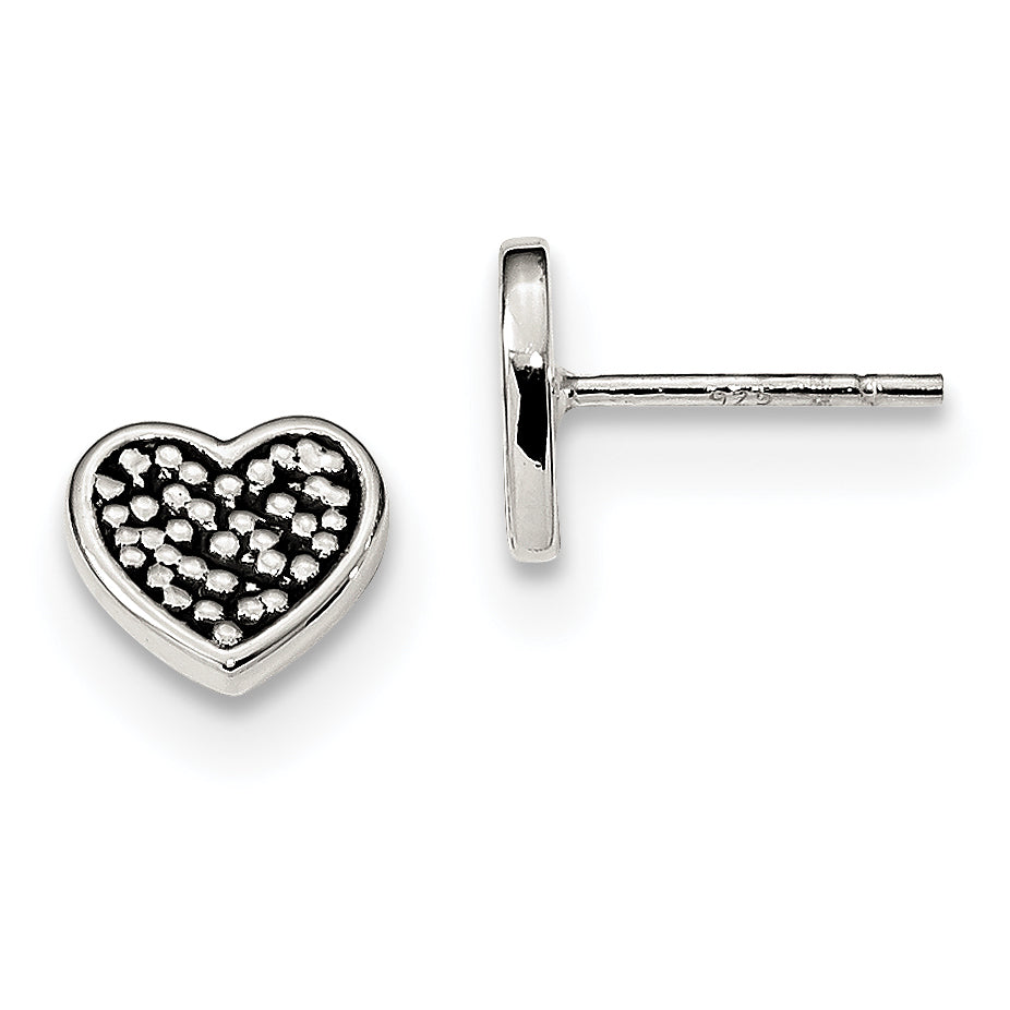 Sterling Silver Antiqued Heart Post Earrings
