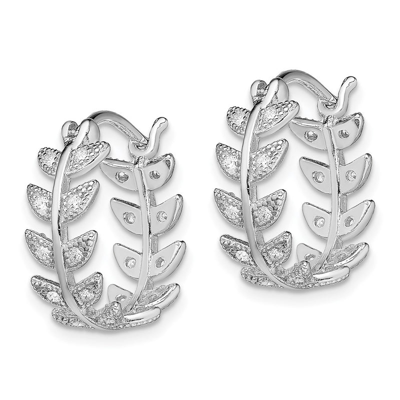 Sterling Silver Rhodium-Plated Micro Pav Cz Leaf Hoops