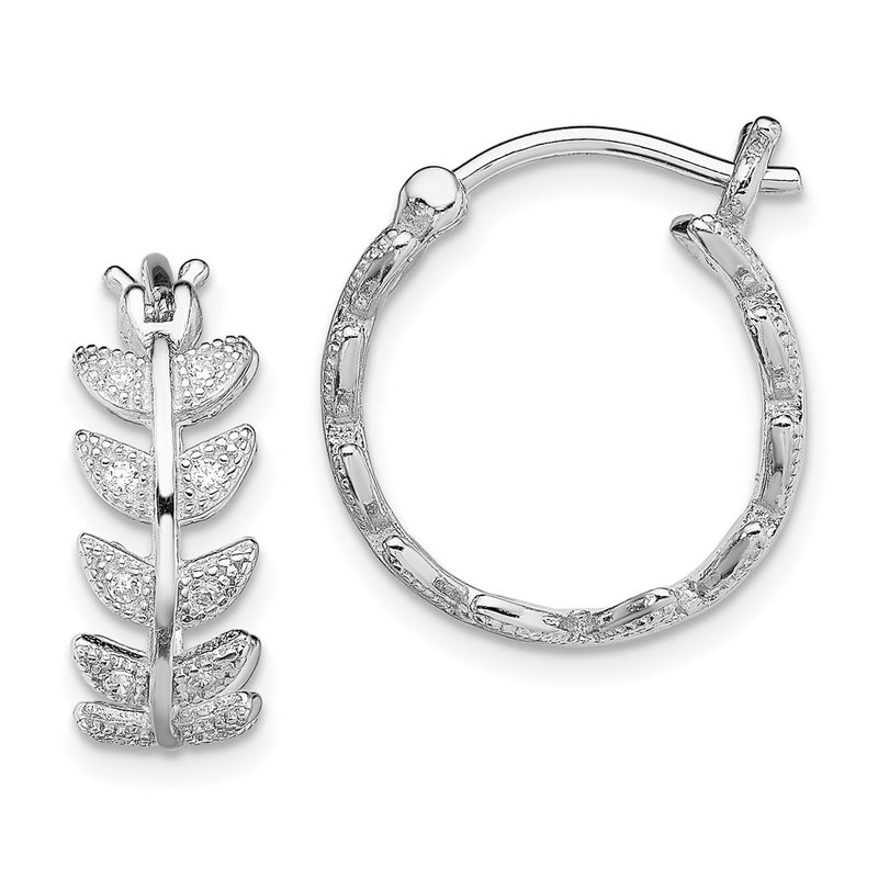 Sterling Silver Rhodium-Plated Micro Pav Cz Leaf Hoops
