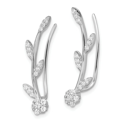 Sterling Silver Rhodium-Plated Polished Cz Flower W/Stem Ear Climber Earrin