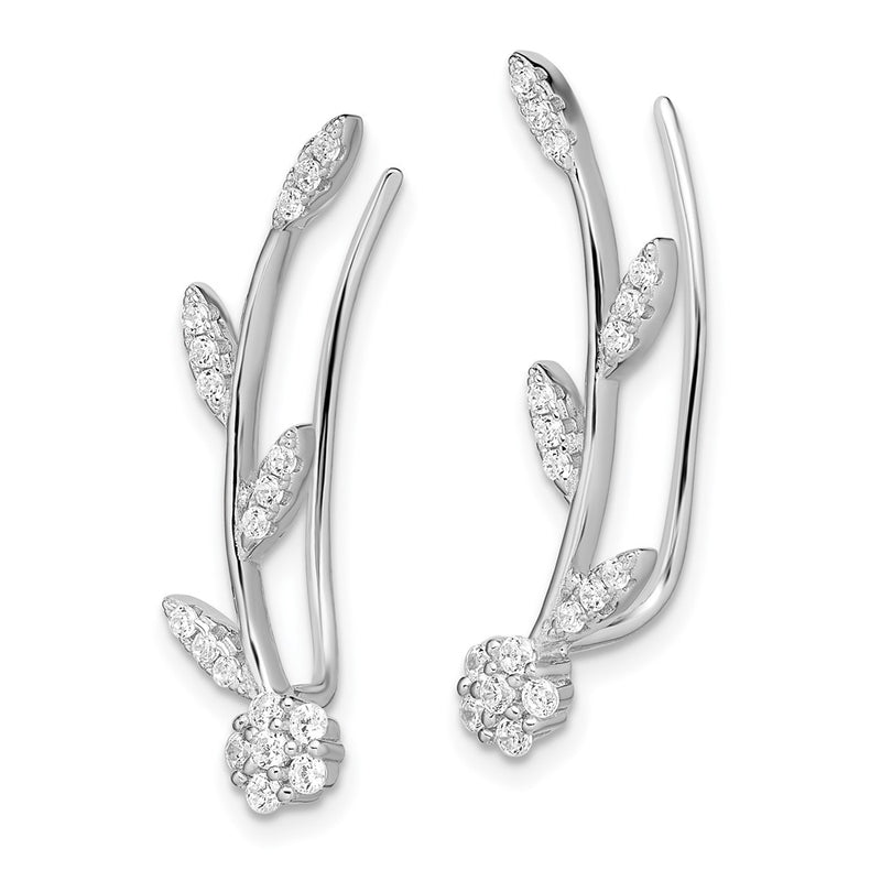 Sterling Silver Rhodium-Plated Polished Cz Flower W/Stem Ear Climber Earrin
