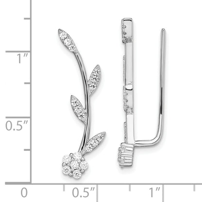 Sterling Silver Rhodium-Plated Polished Cz Flower W/Stem Ear Climber Earrin