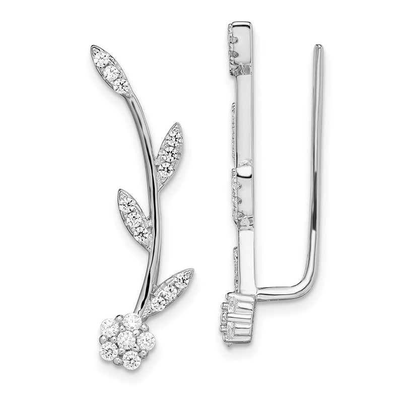 Sterling Silver Rhodium-Plated Polished Cz Flower W/Stem Ear Climber Earrin