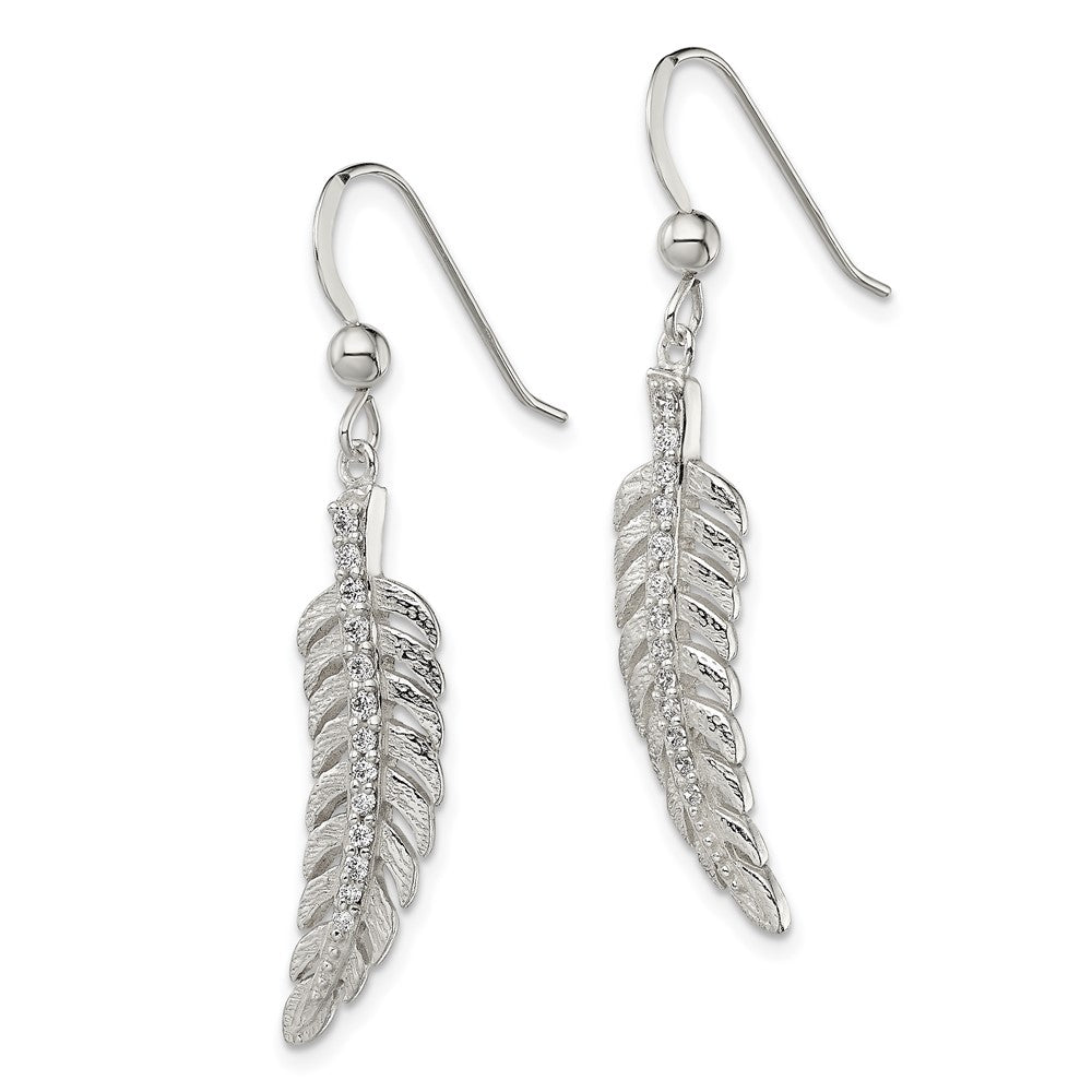 Sterling Silver Textured Cz Feather Shepherd Hook Earrings