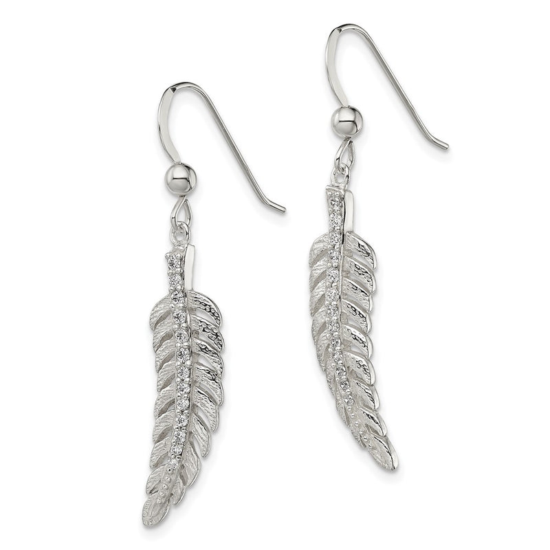 Sterling Silver Textured Cz Feather Shepherd Hook Earrings