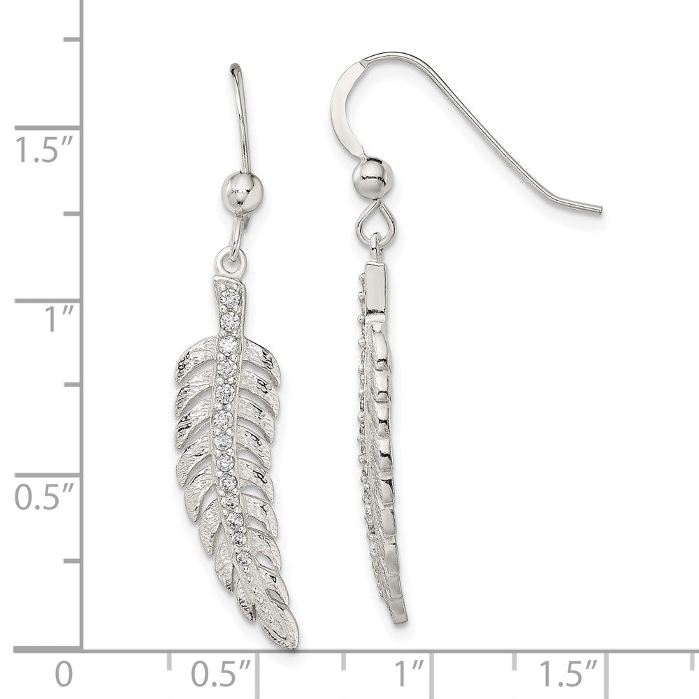 Sterling Silver Textured Cz Feather Shepherd Hook Earrings