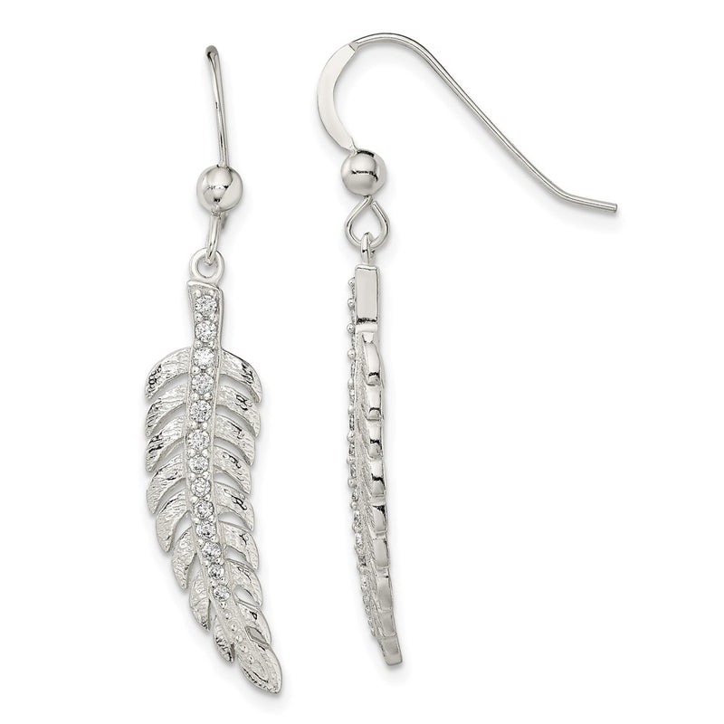 Sterling Silver Textured Cz Feather Shepherd Hook Earrings