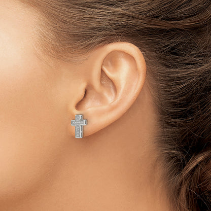 Sterling Silver Rhodium-Plated Cz Cross Post Earrings