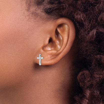 Sterling Silver Rhodium-Plated Polished Cz Cross Post Earrings
