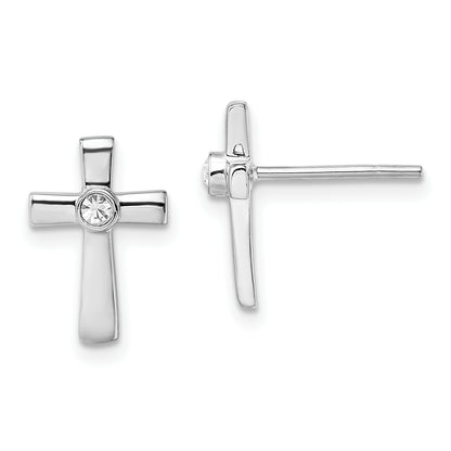 Sterling Silver Rhodium-Plated Polished Cz Cross Post Earrings