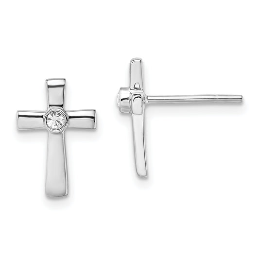 Sterling Silver Rhodium-Plated Polished Cz Cross Post Earrings