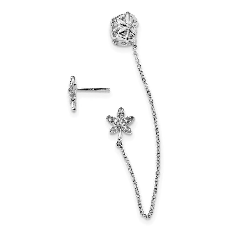 Sterling Silver Rhodium-Plated Cz Leaf Cuff & Post Earrings