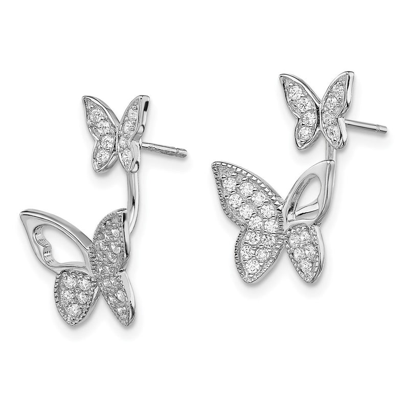 Sterling Silver Rhodium-Plated Cz Butterfly Front And Back Earrings