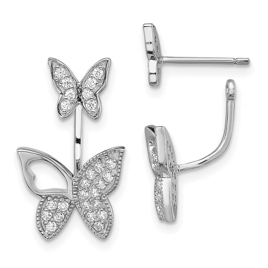 Sterling Silver Rhodium-Plated Cz Butterfly Front And Back Earrings