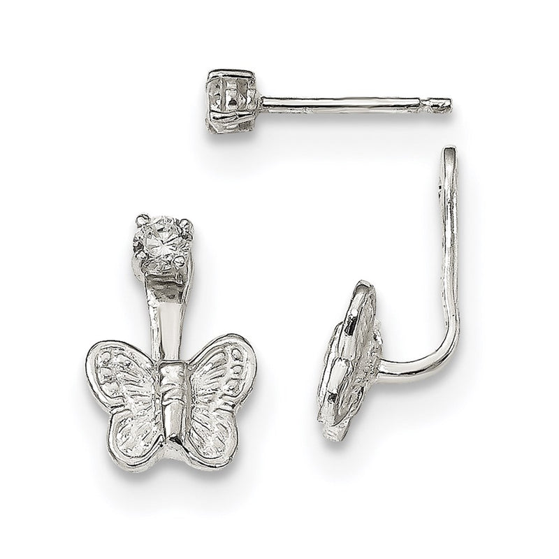Sterling Silver Cz Butterfly Front & Back Post Dangle Earrings