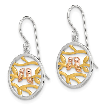 Sterling Silver Rhodium Rose-/Gold-Tone Birds On Branches Earrings