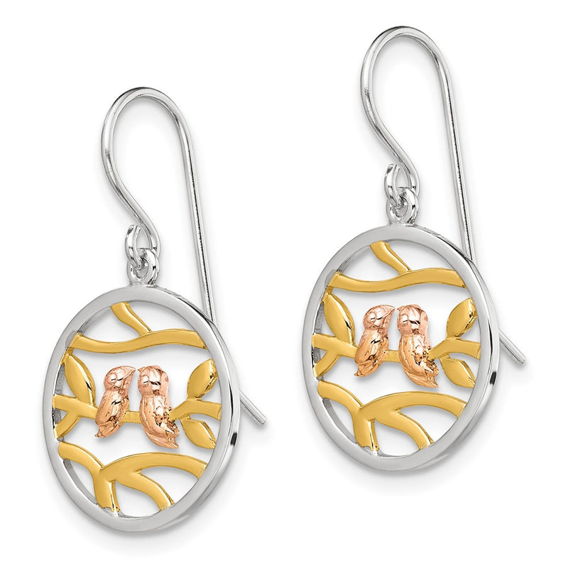 Sterling Silver Rhodium Rose-/Gold-Tone Birds On Branches Earrings