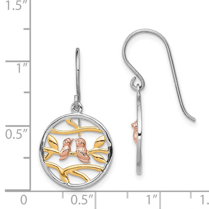 Sterling Silver Rhodium Rose-/Gold-Tone Birds On Branches Earrings