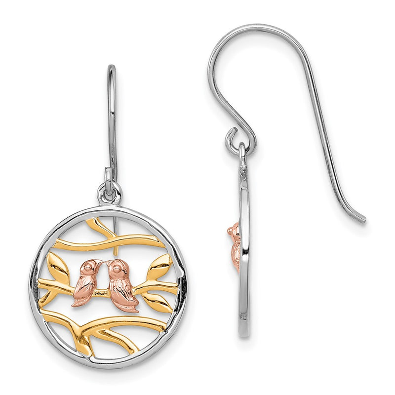 Sterling Silver Rhodium Rose-/Gold-Tone Birds On Branches Earrings
