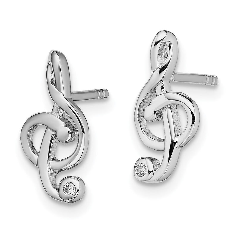 Sterling Silver Rhodium-Plated Cz Treble Clef Post Earrings